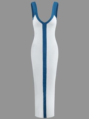 Micas Colorblock Vneck Maxi Ribbed Bodycon Dress White & Blue Dress